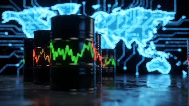Oil barrels display green and red financial charts against a blue world map on a reflective surface, representing global market trends and economic analysis.