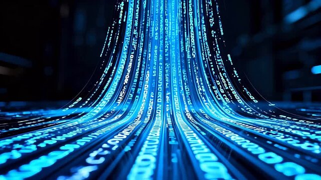 Binary Code Digital Stream: Blue Glowing Data Flow Motion Graphics Dynamic Video