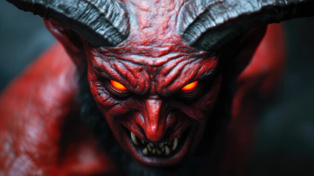 Video Close-up of a demonic creature with distinctive horns and bright red skin
