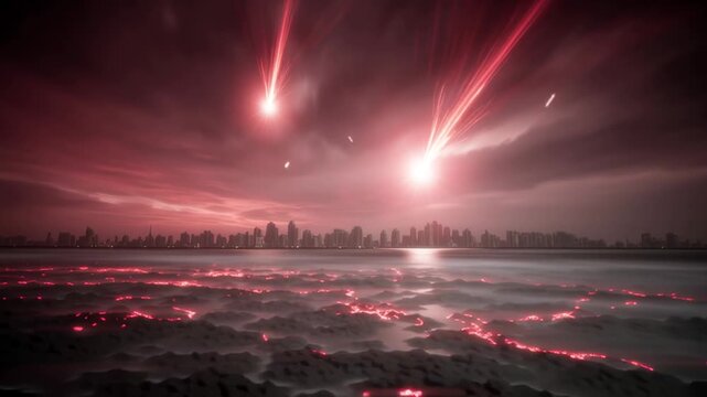 Red meteors raining down from a dark sky, causing a catastrophic impact on a coastal city. Apocalyptic event with fiery asteroids