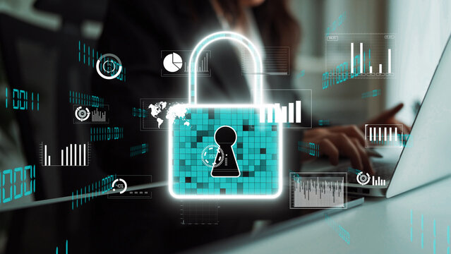 A businessman engages with a laptop surrounded by abstract data and security symbols. This image highlights themes of cyber security, digital privacy, and technology-driven solutions. Xenic