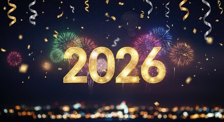 A vibrant night sky with fireworks and confetti, celebrating the new year 2026.