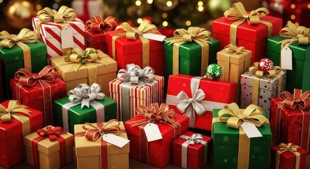 Obraz premium A pile of colorful Christmas presents with ribbons and bows.