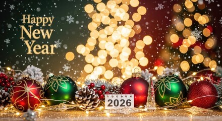 Christmas ornaments and decorations with a 2026 calendar on a wooden table with a blurred Christmas tree in the background.