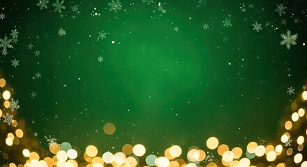A festive green background with snowflakes and golden lights, featuring a Christmas tree and a star.