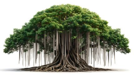 Fototapeta premium Stunning, massive banyan tree with extensive aerial roots and lush green canopy isolated on white background for design projects
