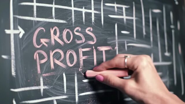 Close-up shot of a hand using pink chalk to write Gross Profit on a black chalkboard with a maze pattern. Illustrates financial concepts with basic tools.