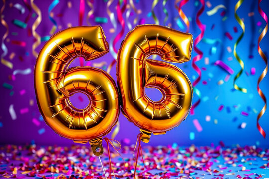 Birthday balloon number sixty six, golden letter figure 66 celebration background AI Generative