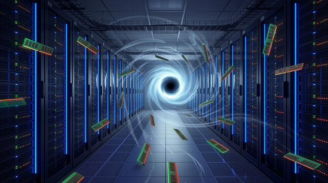 Illustration depicts a data center filled with server racks and DDR RAM modules