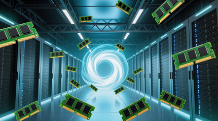 A data center is filled with computer memory modules that are swirling in a vortex. This shows the increasing demand for DRAM due to AI technology consuming most memory production