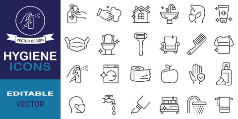 Hygiene line icons pack. Includes icons as washing hands, soap, medical mask, cleaning, bath, toothpaste, toilet paper, towel and more. Wash icon set. Vector illustration.