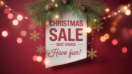 Christmas sale banner with festive lights and evergreen garland