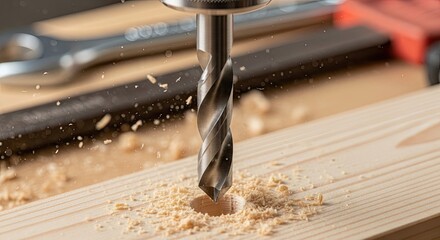 A drill bit drilling into a wooden plank with sawdust flying around.