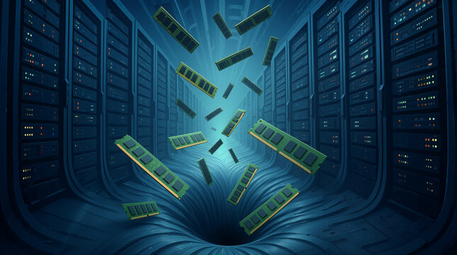 Servers in a data center pull in numerous DDR RAM modules, showing the high demand for memory due to AI consumption. This visual highlights the memory shortage crisis in the tech industry