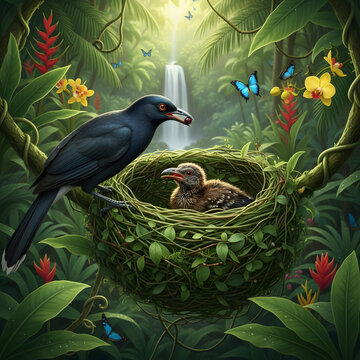 a mother koyal feeding her chick