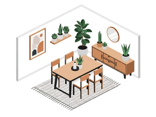 3D isometric Scandinavian dining room with table, chairs, and pendant lamp, ideal for interior styling, modern furniture concepts, and smart home layouts