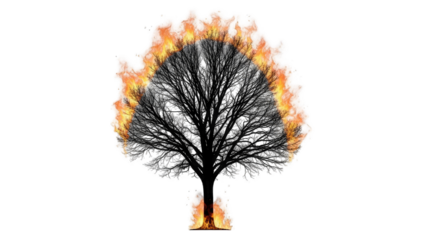 Burning Tree Silhouette on White Background