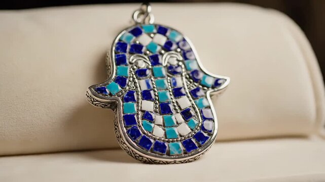 Detailed close-up of a beautiful Hamsa hand pendant jewelry.