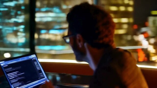  Nighttime Programmer Working on Laptop with Urban Skyline | Developer Focused on Code in High-Rise Office | Tech Professional Coding Against Glowing City Lights