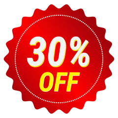 30% Off sticker. Red starburst sale sticker with 30% off discount text for retail promotion.