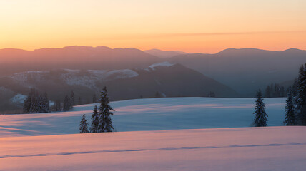 Majestic mountain range at sunset with snow-covered hills and pine trees mountains sunrise