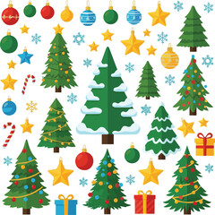 Fototapeta premium set of christmas trees. Green Christmas tree drawing clip art collection with snow, xmas balls and stars decoration elements for winter holiday celebration vector illustration