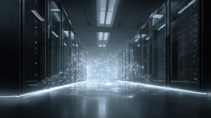 Futuristic Data Center Interior with Digital Light Trails and Network Visualization in a High-Tech Environment