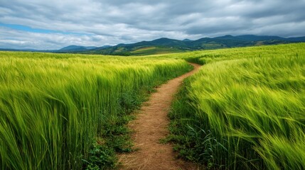 Obraz premium A narrow path leads through tall green grass fields. Lush hills and mountains rise in the distance covered by a blanket of clouds. The scene is vibrant and tranquil capturing nature's beauty.