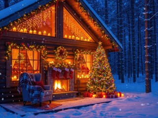 Obraz premium Experience the magic of Christmas in a cozy cabin nestled in a snowy forest, complete with a crackling fireplace, twinkling lights, and a beautifully decorated tree, perfect for holiday cheer