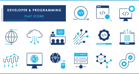 A set of flat icons related to Developer and Programming. Develop, programming, coding, cloud, training, computer, network, and so on.