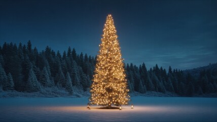 Tall illuminated christmas tree in snowy forest at night