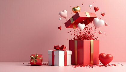 Valentine's Day gift boxes with heart balloons and confetti on a pink background