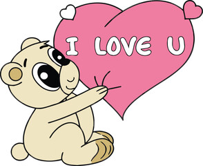 Cute cartoon teddy bear holding large pink 'i love u' heart graphic