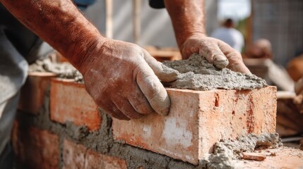 Skilled Mason Hand-placing Bricks with Cement Mix in Construction Site Setting During Daylight Hours for Building and Renovation Projects
