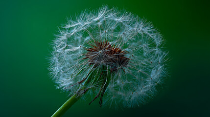 Fototapeta premium Beautiful dandelion flower with seeds ready to be dispersed against a green background. Stunning nature photography, captured with a macro lens.