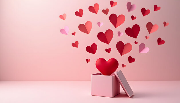 Valentine's Day gift box with hearts floating in the air on a pink background - Powered by Adobe