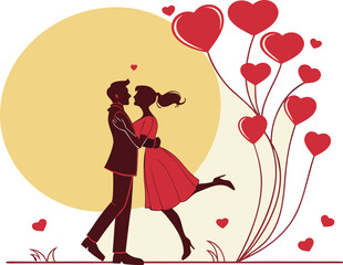 Love story illustration: couple embracing with red heart balloons