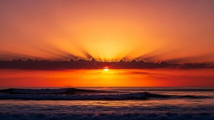 Dramatic sunset over the ocean with radiant light rays breaking through clouds.