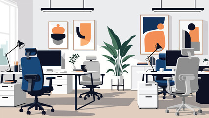 Modern flat vector illustration of a clean minimalist office interior with tidy desk, ergonomic chair, indoor plant, and simple decor. Ideal for workspace design and productivity themes