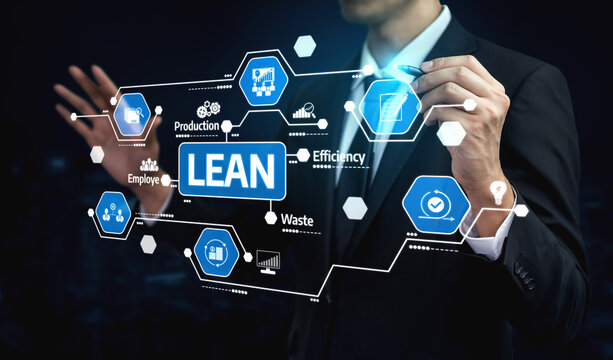 A businessman interacts with a digital interface illustrating lean management principles, focusing on efficiency, waste reduction, and employee engagement strategies for business growth. Tessel - Powered by Adobe