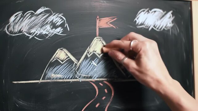 Hand drawing a mountain landscape with chalk on a dark board. It aims for success and achievement, featuring white clouds and a red flag at the summit.