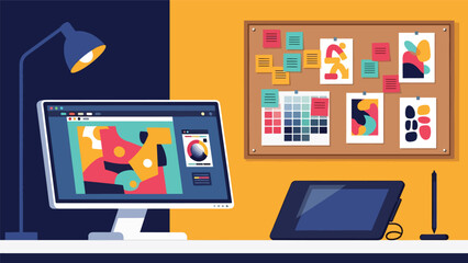 Flat vector illustration of a creative design studio office with computer, drawing tablet, posters, and color boards. Ideal for graphic design and digital art themes