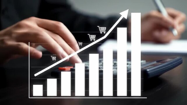 Person typing on calculator and rising bar graph on dark table with white paper showing finance, business and investment data.