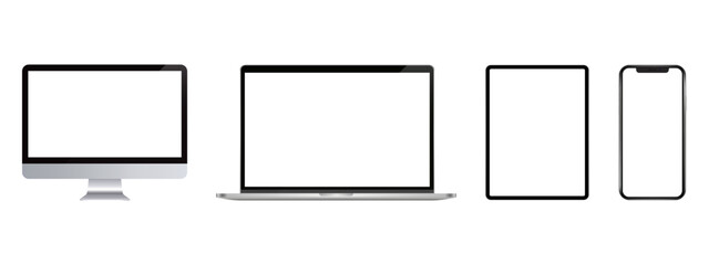 Laptop Tablet Phone. Set of devices. Computer, tablet and cellphone mockup. Digital equipment showing isolated screen.