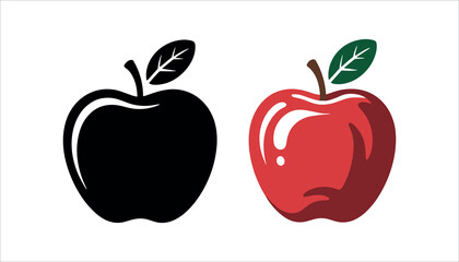 Red apple and black silhouette apple with green leaf on white background black apple fruit