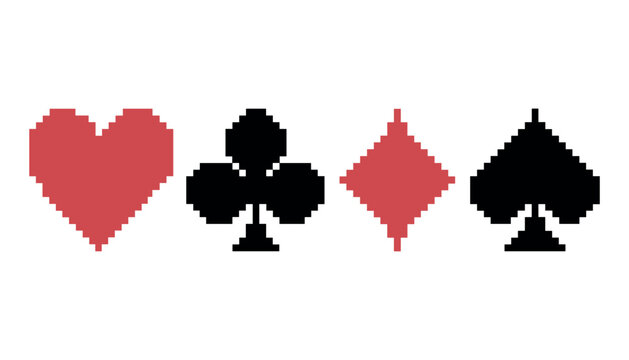 Pixelated red heart black club red diamond black spade card suits on white background pixel art