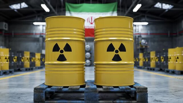 Yellow barrels with radioactive symbols stand in a warehouse, with the Iranian flag in the background, indicating nuclear or industrial activity.