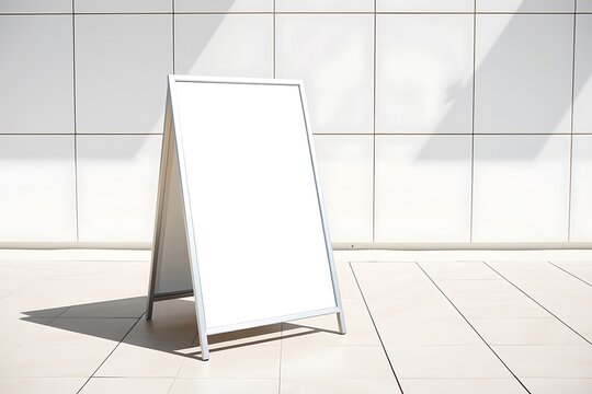 Blank white metallic outdoor advertising stand mockup with a clean metal frame, perfect for showcasing marketing designs, posters, promotions, and signage presentations in professional commercial.