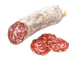 Salami sausage whole piece and sliced on transparent background