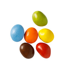 Six assorted chocolate candies forming a circle on a clear background